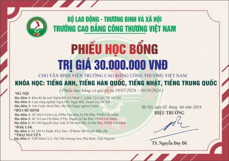 Tặng Khóa học Tiếng Anh/Nhật/Hàn/Trung (học trong 2 năm) miễn phí 100% Trị giá 30.000.000